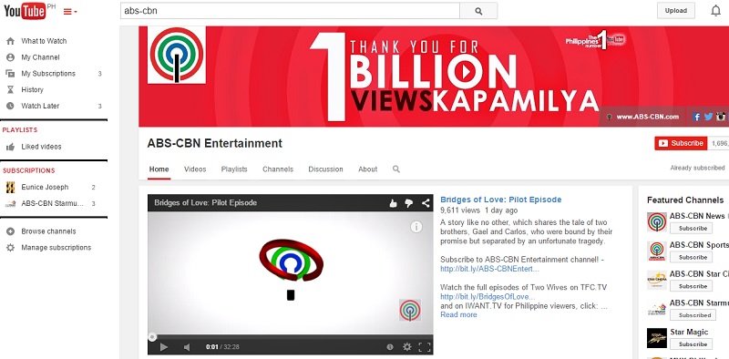 ABS-CBN YOUTUBE CHANNEL HITS 1 BILLION VIEWS